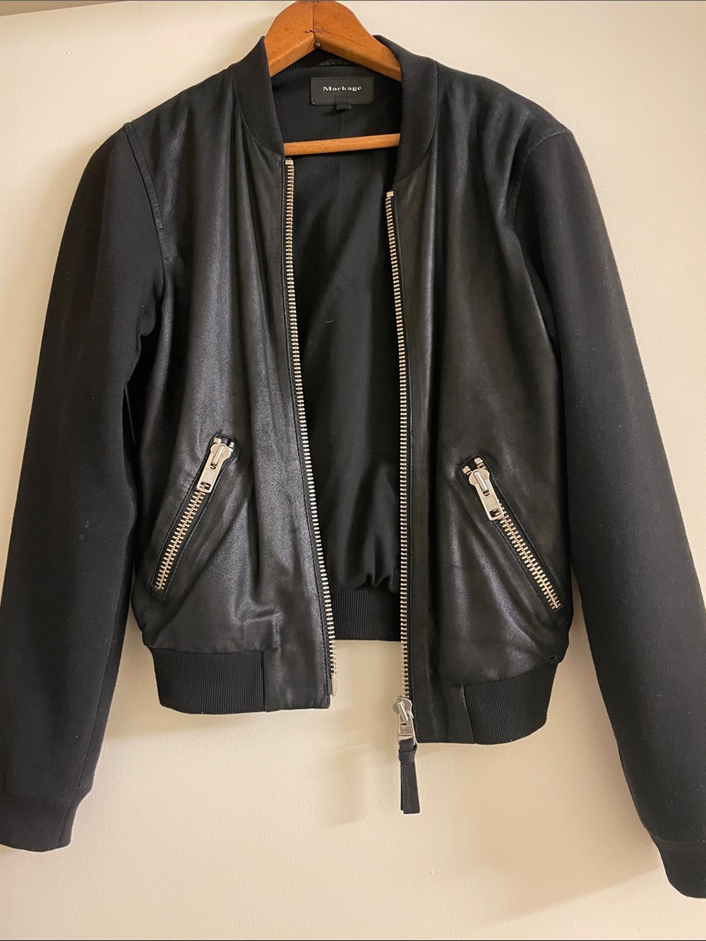 Mackage Black Leather and Knit Bomber Jacket